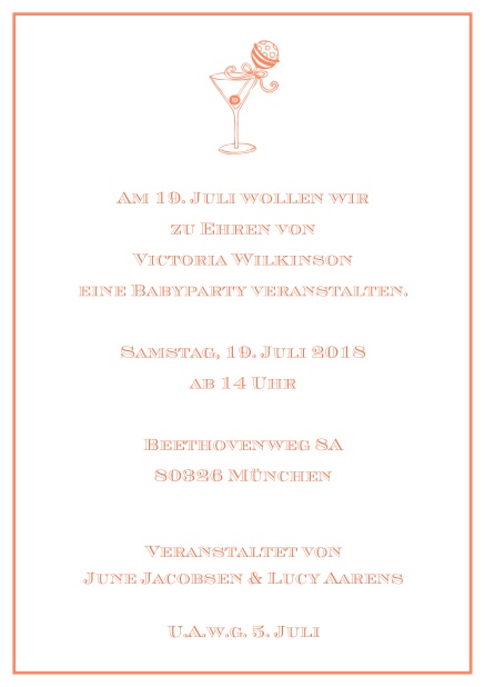 Online Cocktail Einladungskarte mit elegantem Rahmen und illustriertem Cocktail. Orange.