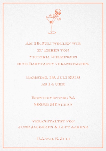 Cocktail Einladungskarte mit elegantem Rahmen und illustriertem Cocktail. Orange.