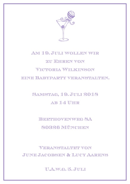 Online Cocktail Einladungskarte mit elegantem Rahmen und illustriertem Cocktail. Lila.