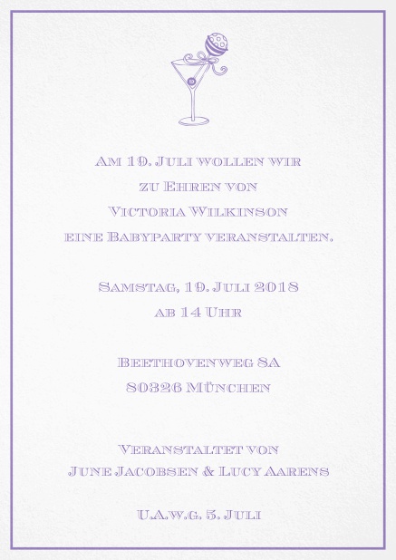 Cocktail Einladungskarte mit elegantem Rahmen und illustriertem Cocktail. Lila.