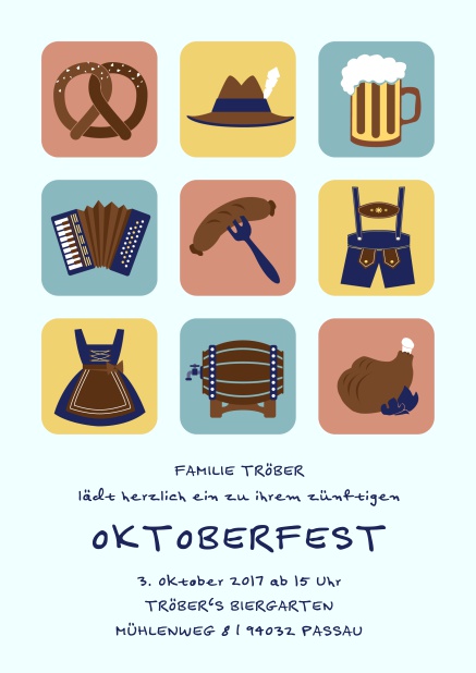 Online Einladungskarte zum Oktoberfest mit 9 klassischen Bildern, vom Bierkrug und Pretzel bis Lederhosen. Blau.
