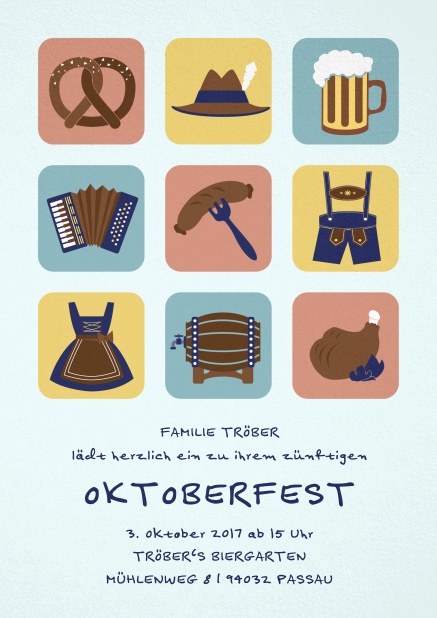 Einladungskarte zum Oktoberfest mit 9 klassischen Bildern, vom Bierkrug und Pretzel bis Lederhosen. Blau.