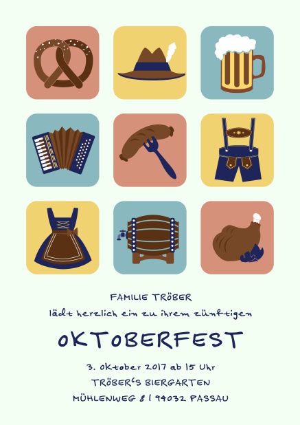 Online Einladungskarte zum Oktoberfest mit 9 klassischen Bildern, vom Bierkrug und Pretzel bis Lederhosen. Grün.