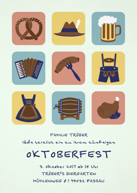 Einladungskarte zum Oktoberfest mit 9 klassischen Bildern, vom Bierkrug und Pretzel bis Lederhosen. Grün.