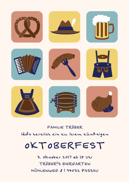 Online Einladungskarte zum Oktoberfest mit 9 klassischen Bildern, vom Bierkrug und Pretzel bis Lederhosen. Rosa.