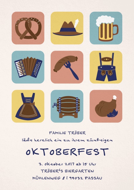 Einladungskarte zum Oktoberfest mit 9 klassischen Bildern, vom Bierkrug und Pretzel bis Lederhosen. Rosa.