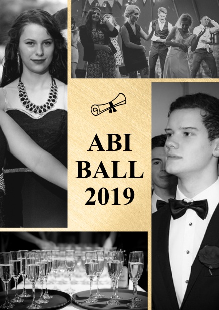 Online Einladungskarte zum Abschlussball mit 4 Fotofeldern und goldenem Textfeld.