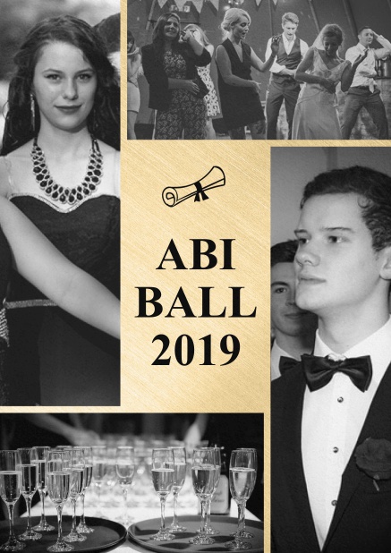 Einladungskarte zum Abschlussball mit 4 Fotofeldern und goldenem Textfeld.