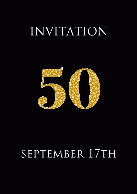 50th anniversary online invitation card with animated golden number 50 animating in beau golden mosaic stones. Black.