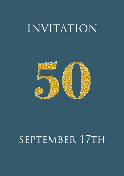 50th anniversary online invitation card with animated golden number 50 animating in beau golden mosaic stones. Blue.