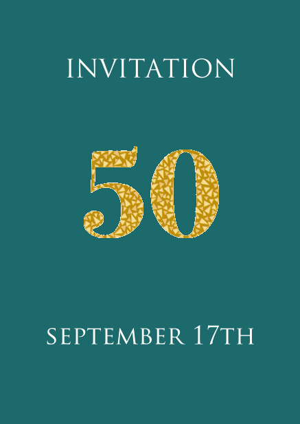 50th anniversary online invitation card with animated golden number 50 animating in beau golden mosaic stones. Green.