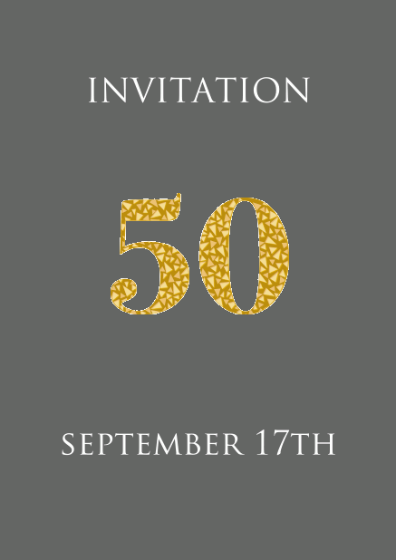 50th anniversary online invitation card with animated golden number 50 animating in beau golden mosaic stones. Grey.