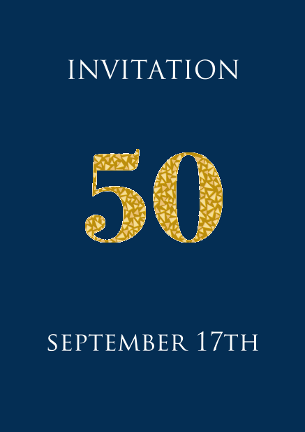 50th anniversary online invitation card with animated golden number 50 animating in beau golden mosaic stones. Navy.