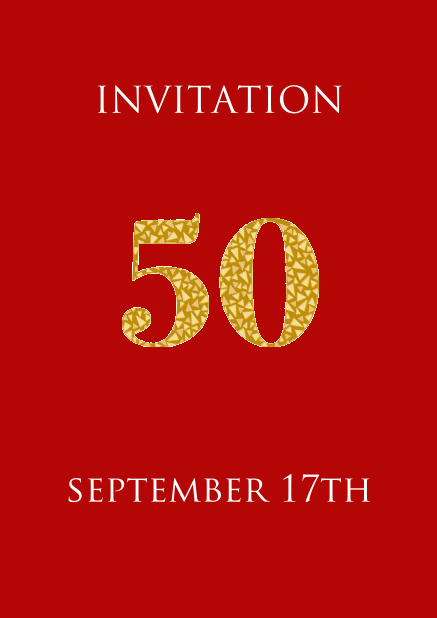 50th anniversary online invitation card with animated golden number 50 animating in beau golden mosaic stones. Red.