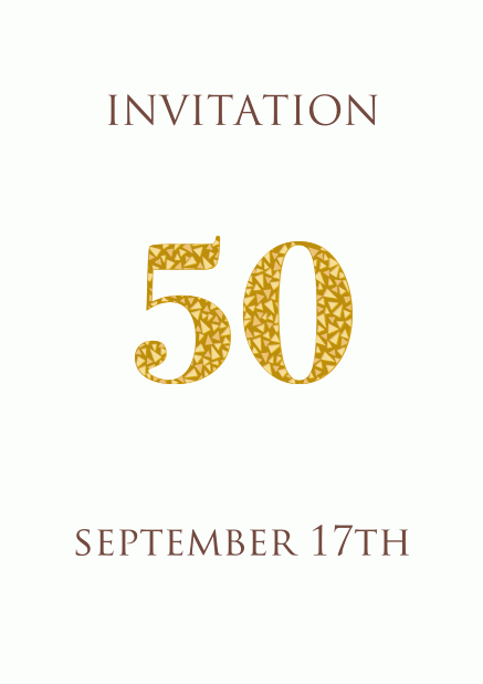 50th anniversary online invitation card with animated golden number 50 animating in beau golden mosaic stones. White.