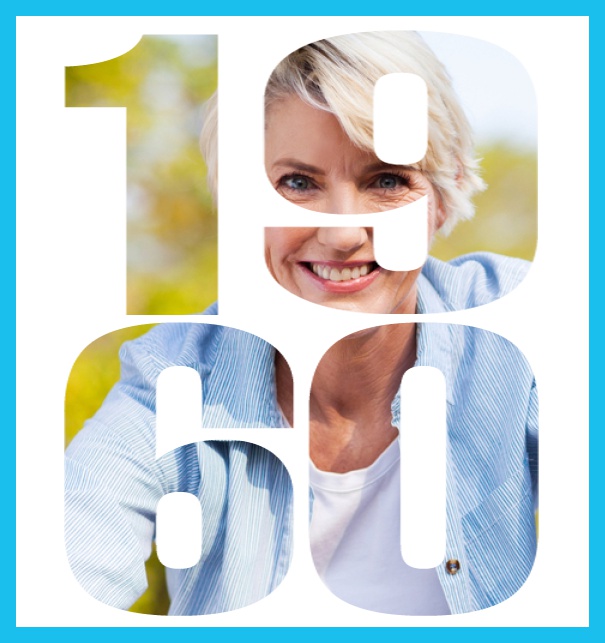 Born in 1960 large - Blue - 60th Anniversary Online invitation card with cut out 1960 for own photo, great for 60th Birthday invitations Blue.