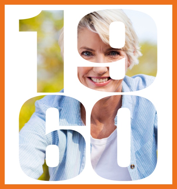 Born in 1960 large - Orange - 60th Anniversary Online invitation card with cut out 1960 for own photo, great for 60th Birthday invitations Orange.