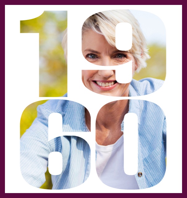Born in 1960 large - Purple - 60th Anniversary Online invitation card with cut out 1960 for own photo, great for 60th Birthday invitations Purple.