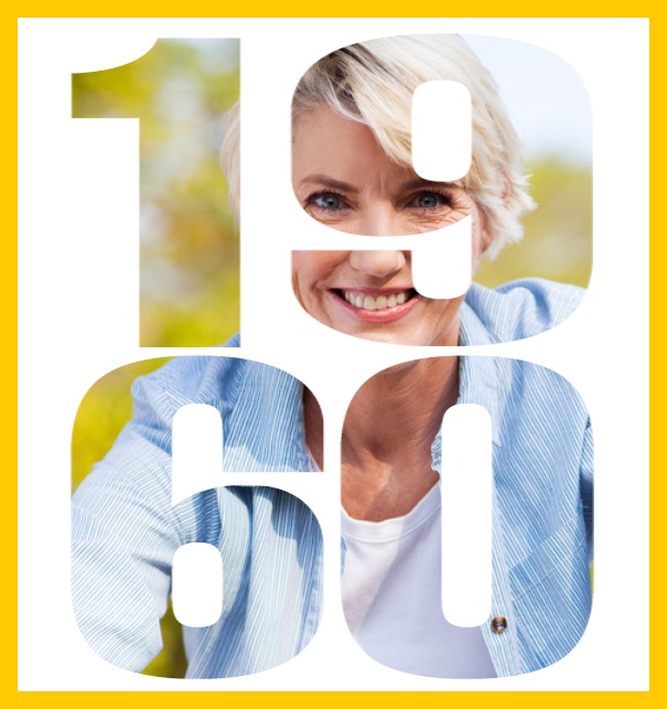 Born in 1960 large - Yellow - 60th Anniversary Online invitation card with cut out 1960 for own photo, great for 60th Birthday invitations Yellow.