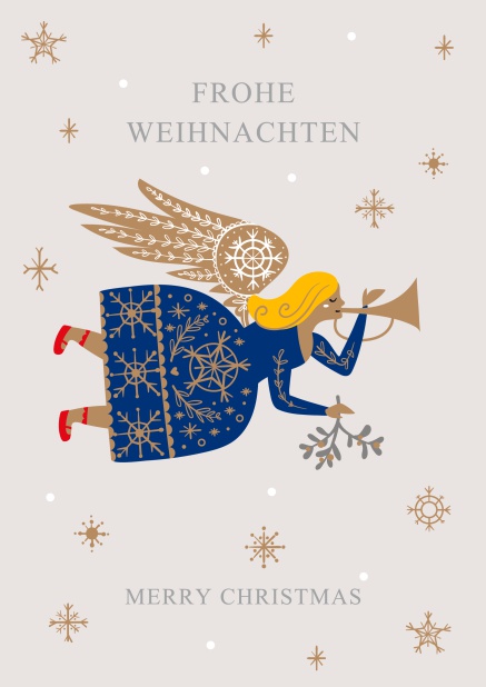 Online Holiday Card with flying angel in blue with golden wings.