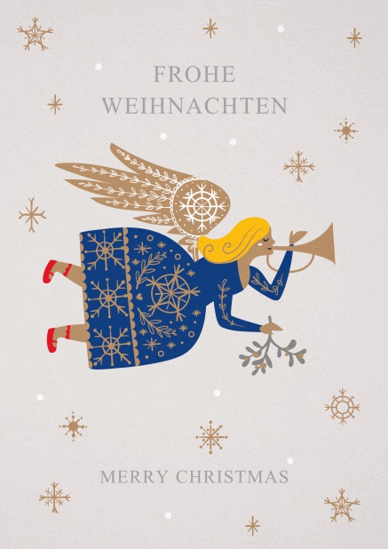 Holiday Card with flying angel in blue with golden wings.