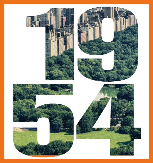 Online Einladungskarte mit ausgeschnittener 1954 für eigenes Image Orange.