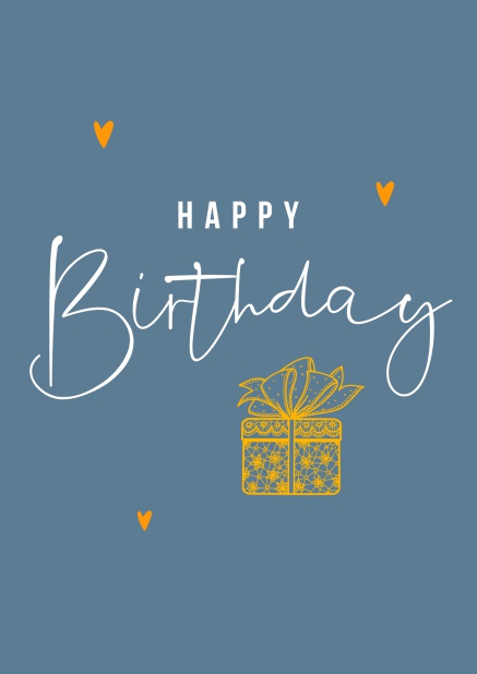 Blue Online Birthday Card with golden present and Happy Birthday text.