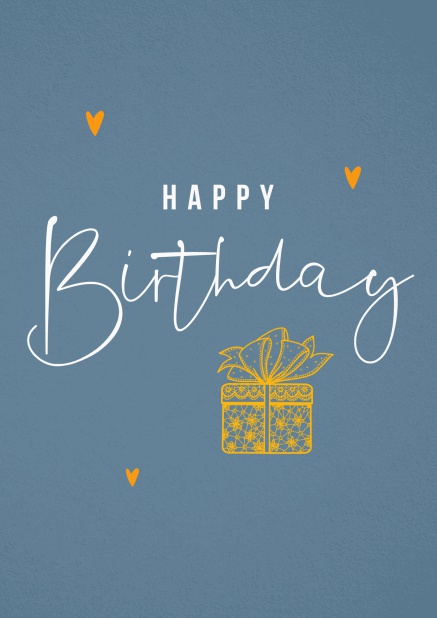 Blue Birthday Card with golden present and Happy Birthday text.