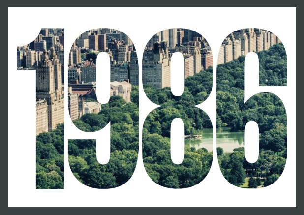 Online Invitation card in landscape with cut out 1986 for an own photo. Grey.