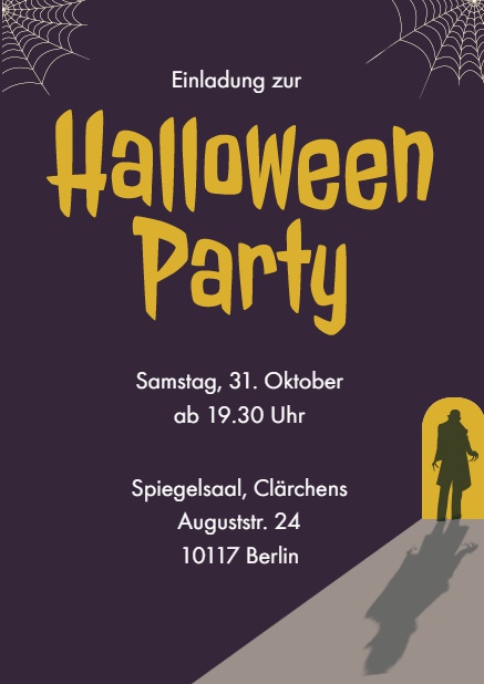Online Halloween Einladungskarte mit Langfinger Lila.