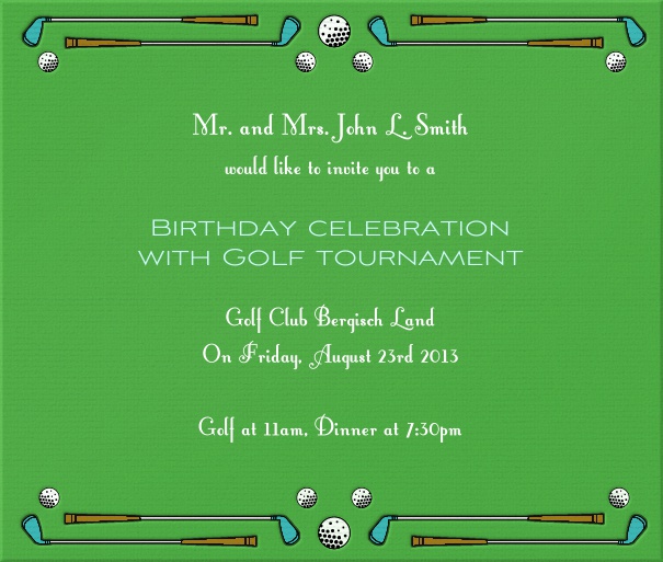 Square Green Golf Themed Invitation Card with Golf Clubs and ball.