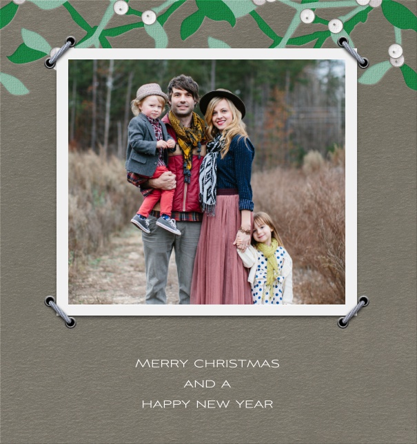 High Grey Photo Card with Text and Christmas Lights.