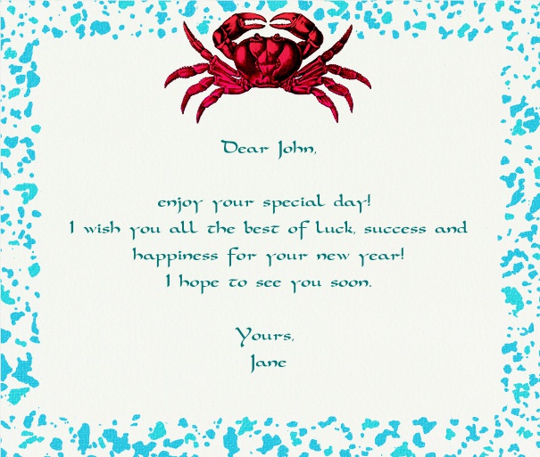 White Summer Themed Card with Crab and Blue Flaked Border.