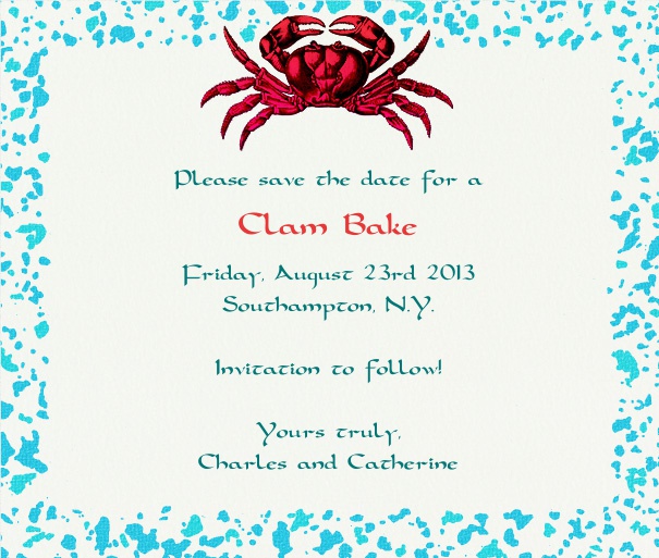 White Summer July Fourth Themed save the date template With Crab and blue border.