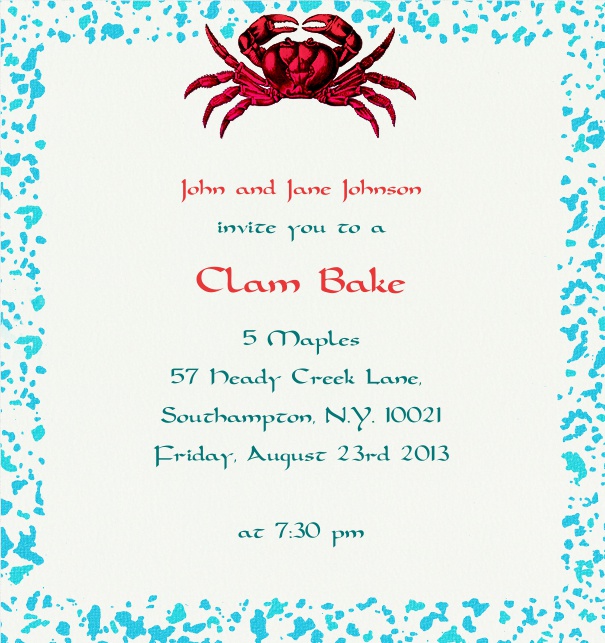 Weisse online Einladungskarte in Hochkant mit blauem Rahmen und roter Krabbe.