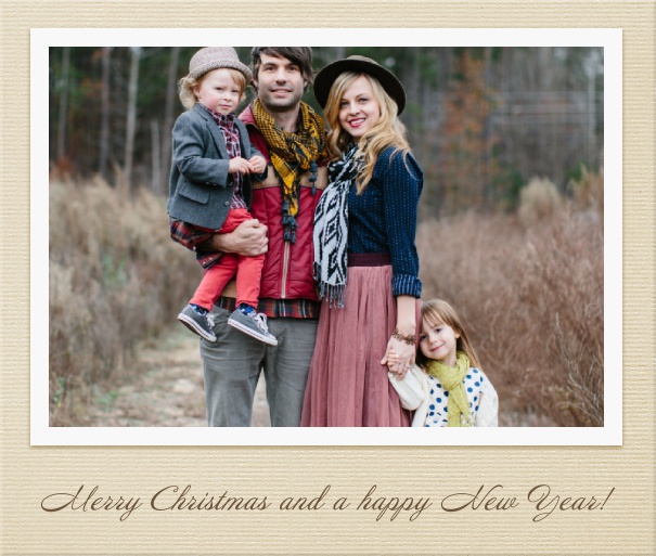 Querformat Fotokarte für Online Weihnachtskarten aus beigem Papier mit Fotobox zum selber hochladen und Feld zur Texteingabe.