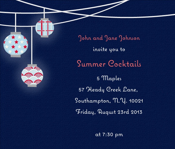 Square Format Summer themed invitation card with lantern motif.