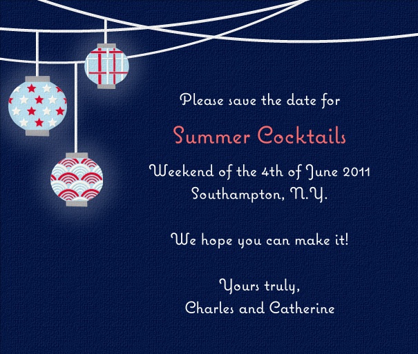 Dark Blue Summer Themed Seasonal Save the Date Card with Lanterns.