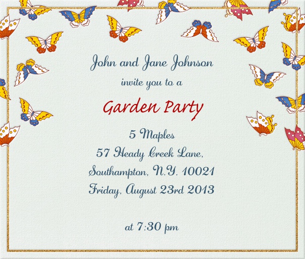 Weiße Online Einladungskarte mit goldenem Rand und bunten Schmetterlingen.