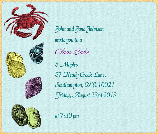 Square light blue beach themed online invitation with crab and mussels.