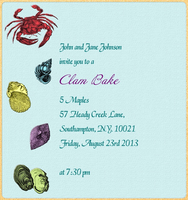 High Format light blue beach themed online invitation with crab and mussels.