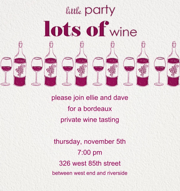 Weiße Einladungskarte zur Weinprobe mit roten Weinflaschen und Weingläsern, sowie passendem Text.