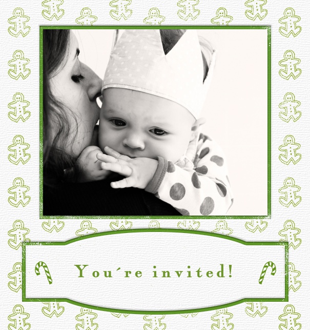 Christmas invitation photo card with green cinnamon bread men.