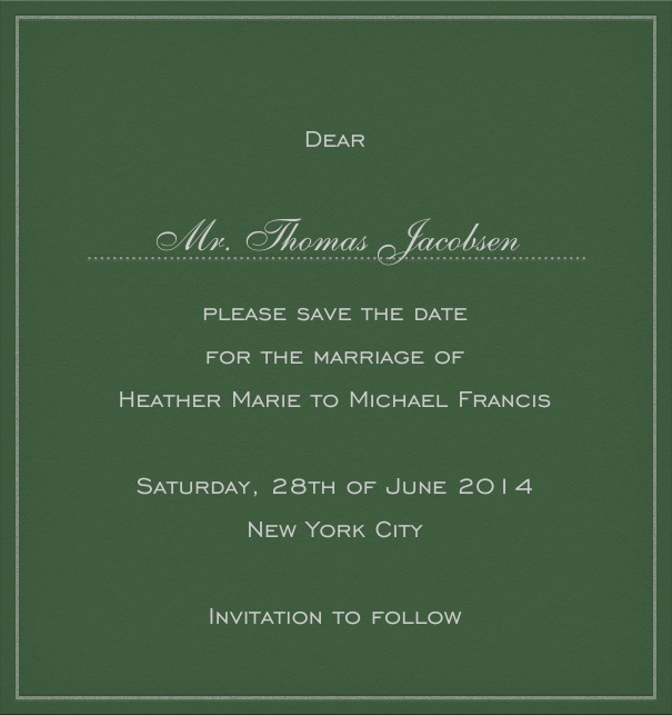 green grey classic formal high format Save the Date Card with white thin frame and personal addressing of recipients. including designed Trajan font text in dark green to match card.