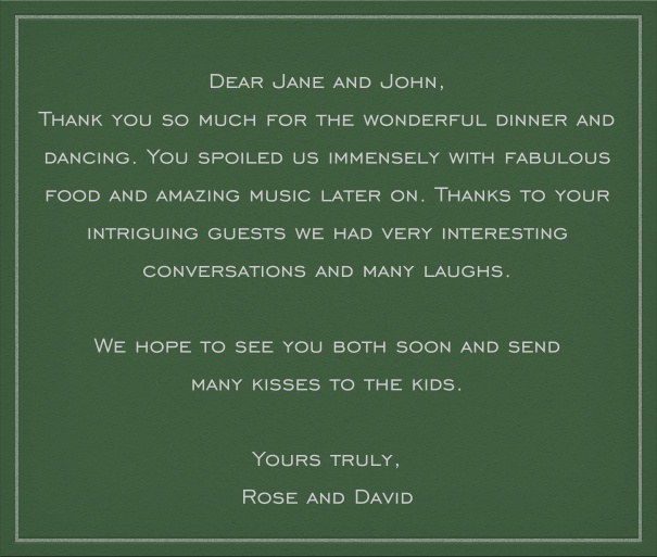 Rectangular dark green classic formal wedding card with customizable text box and space for recipient names.