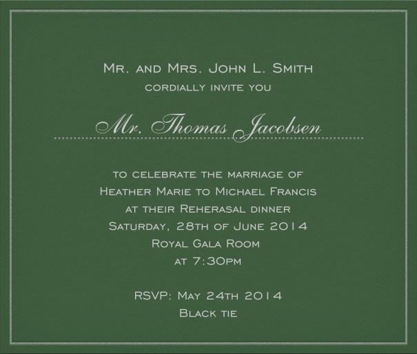 Square dark green classic formal wedding invitation card with customizable text box and space for recipient names.