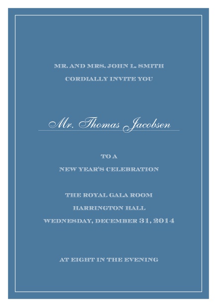 Purpple invitation card with white thin border including a dotted line for name of recipient. Blue.