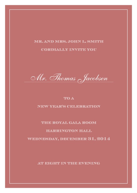 Purpple invitation card with white thin border including a dotted line for name of recipient. Pink.