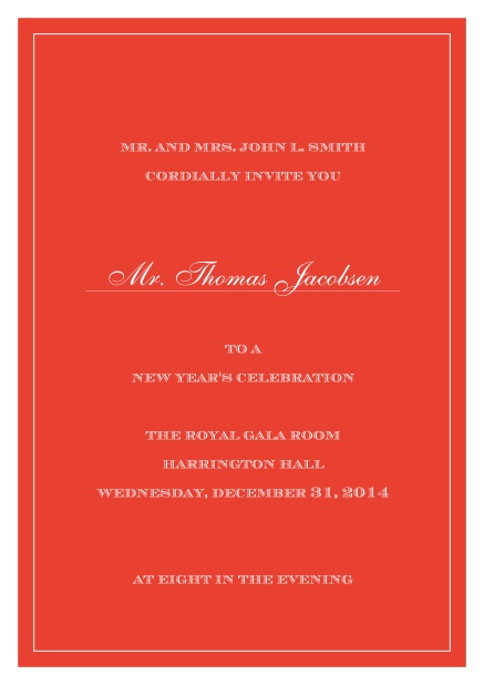 Purpple invitation card with white thin border including a dotted line for name of recipient. Red.