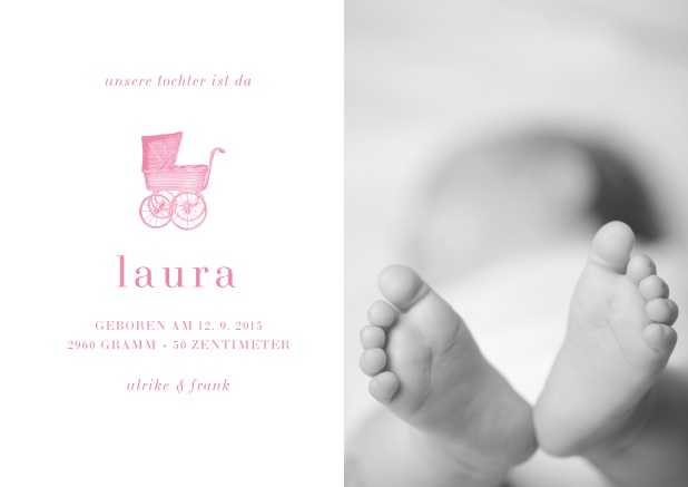 Helle Online Geburtsanzeige mit rosa Kinderwagen, Fotofeld und editierbarem Text. Rosa.